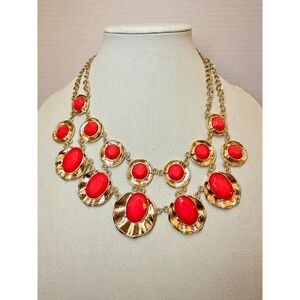 Vintage Gold-Tone Statement Bib Necklace with Bold Watermelon Colored Cabochons